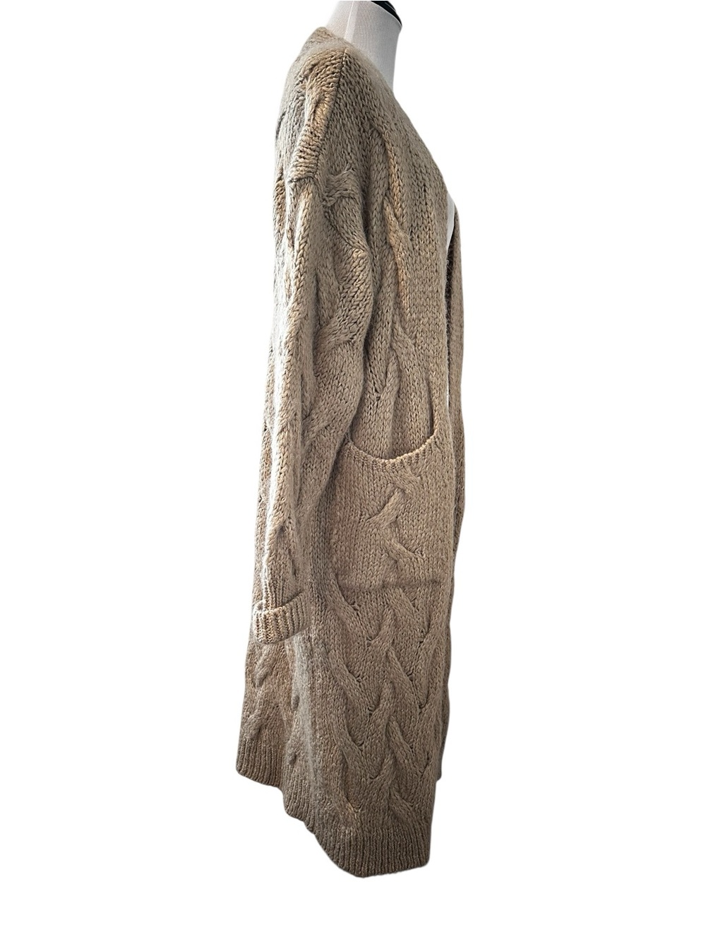 Zara Long Taupe Tan Cable Knit Open Long Line Cardigan with Pockets - Picture 3 of 15